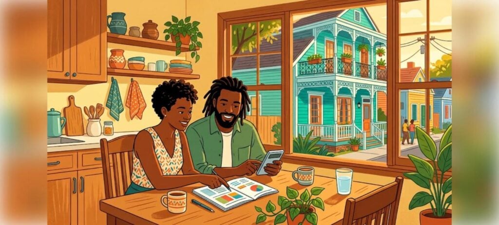 New Orleans FHA DTI limits illustration of a homebuyer couple reviewing their monthly budget at a kitchen table with a colorful Creole cottage outside the window