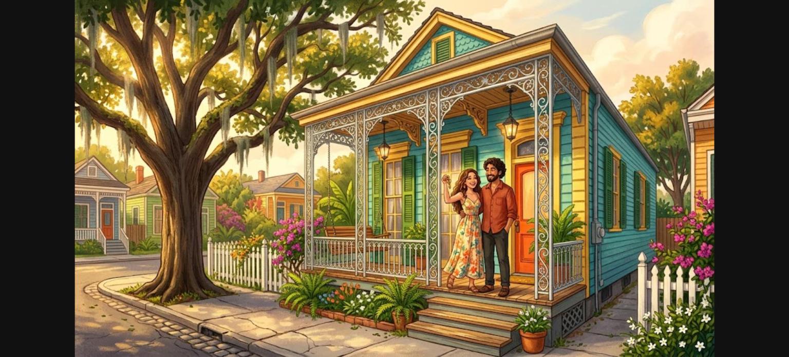 New Orleans FHA home loans illustration of a happy couple holding a house key on the porch of a colorful shotgun house