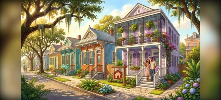 New Orleans FHA loan limits illustration of a couple in front of a colorful New Orleans house with a for sale sign