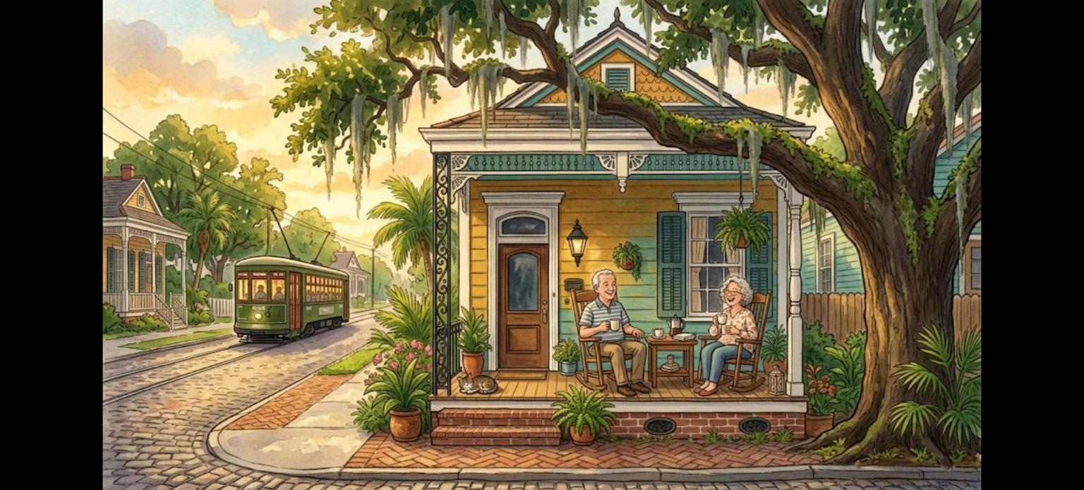 Senior couple on a New Orleans porch illustrating New Orleans LA reverse mortgage loans
