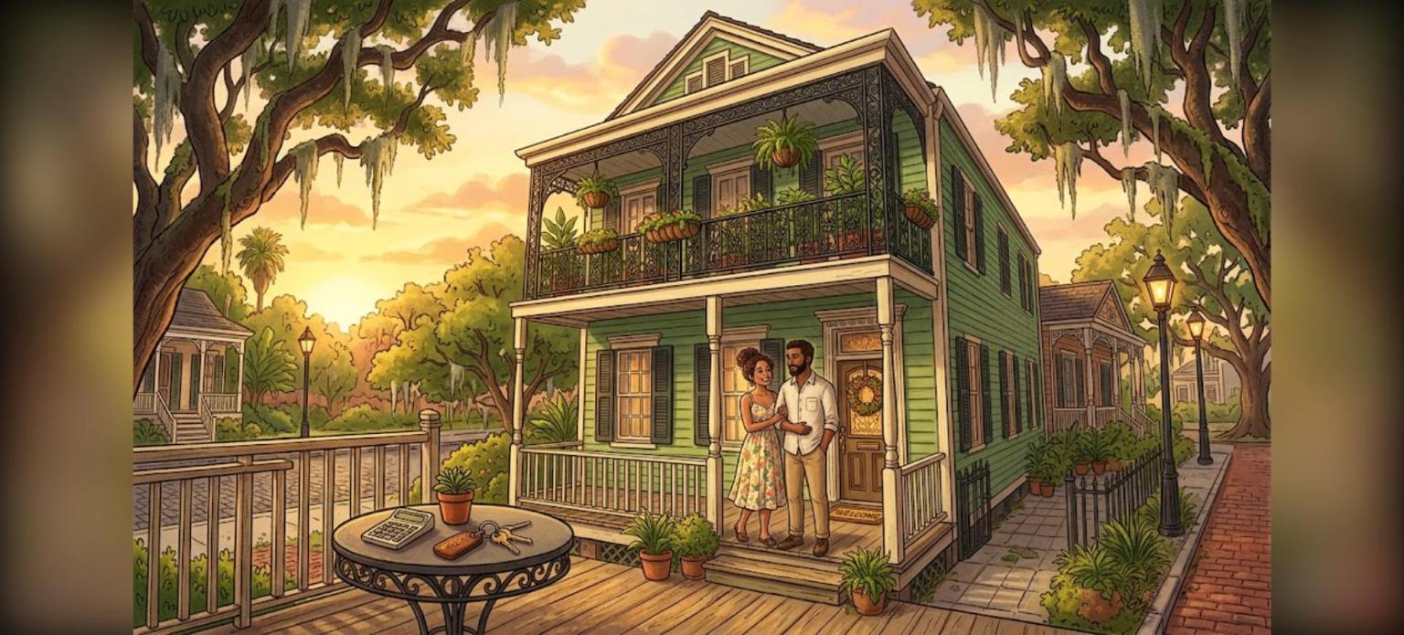 New Orleans USDA DTI limits illustration of a young couple on the porch of a Creole cottage at golden hour