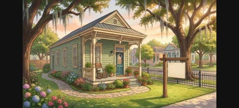 New Orleans USDA home loans illustration of a shotgun-style cottage under live oaks with a for sale sign