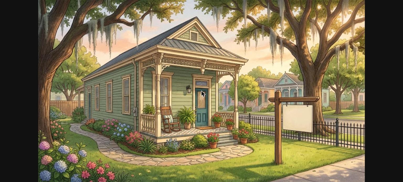 New Orleans USDA home loans illustration of a shotgun-style cottage under live oaks with a for sale sign