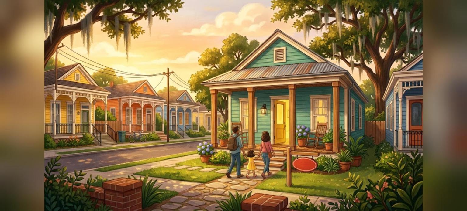 New Orleans USDA home loans illustration of a family walking up to a shotgun style house