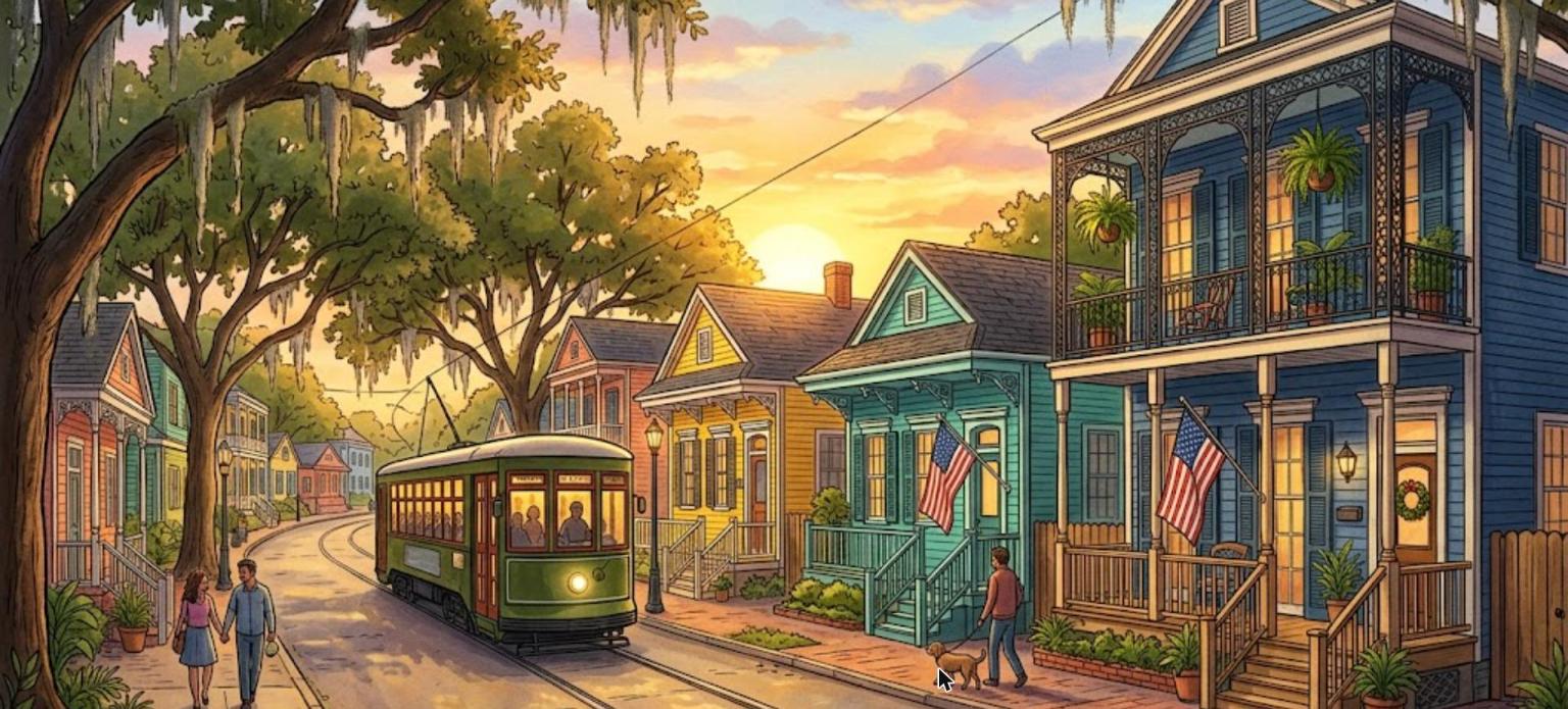 New Orleans VA home loans illustration of a historic street with shotgun houses, a streetcar, and American flags at sunset