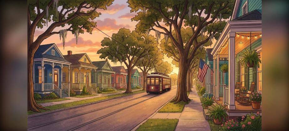 New Orleans VA home loans illustration of a neighborhood street with shotgun houses, live oaks and a streetcar at sunset