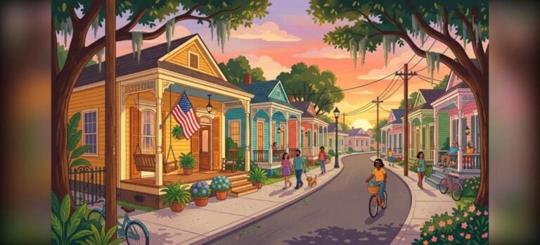 New Orleans VA loan eligibility illustration of a colorful shotgun house street with an American flag at sunset