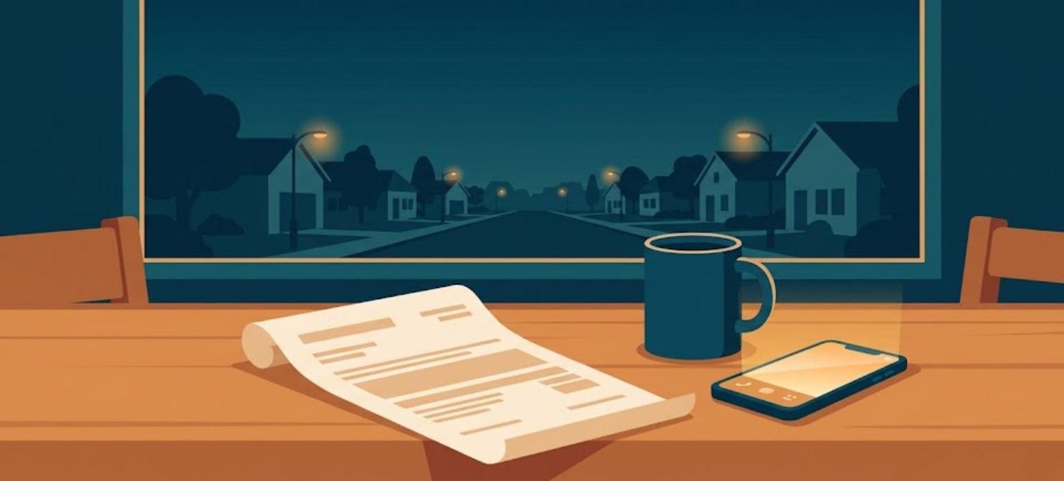 Refinance prequalification hotline, mortgage statement and phone on a kitchen table at night