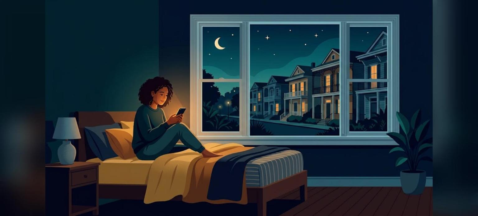 Rent versus buy prequalification illustration, a person on a late night phone call about renting or buying a home
