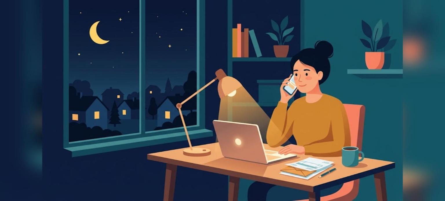 Self-employed mortgage prequalification hotline, business owner on a late night call at a home desk
