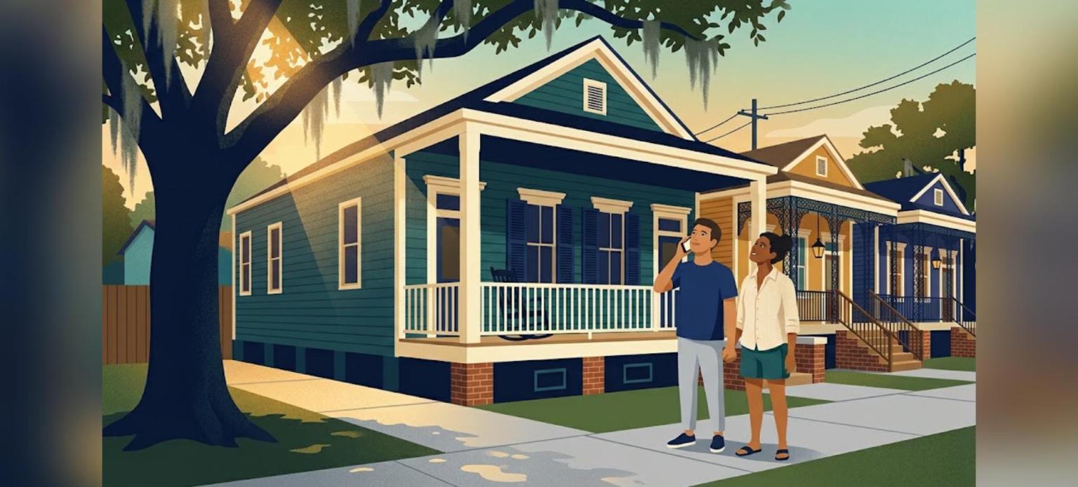 Weekend mortgage prequalification call outside a New Orleans home on a Saturday afternoon